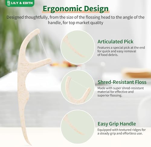 LILY & EDITH Plant Based Dental Floss Picks Adults and Kids 300 Counts, Fluoride-Free, Plant Based Straw Wheat, Earth Friend, Zero Waste Package, Shred Resistant (Unflavored)
