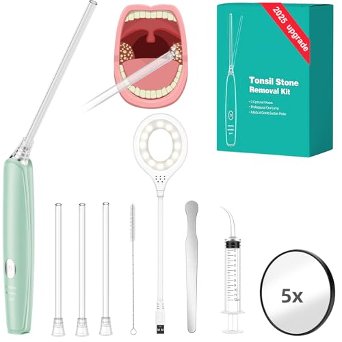 Tonsil Stone Vacuum, Tonsil Stone Remover Kit, 3X Safe Suction, 150 Degree Rotate Electronic Tonsil Stone Remover,12 in 1 Tonsil Cleaner, Oral Lamp, 5X Magnifying Mirror, Water Flosser & Syringe