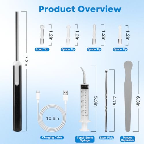 Tonsil Stone Remover Kit with Camera, Visual Tonsil Stone Removal Tool with LED Light, Rechargeable Tonsillolith Removal Tool with 4 Head - Fight Bad Breath - Attachments for iOS & Android