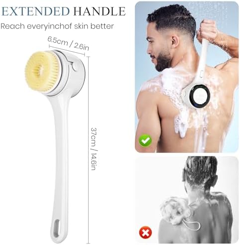 Electric Body Brush Back Scrubber for Shower, Rechargeable Auto Spinning Bath Brush & 4 Speeds, Waterproof Long Handle Body Scrubber with 5 Heads for Deep Cleansing, Exfoliating, Massaging - White