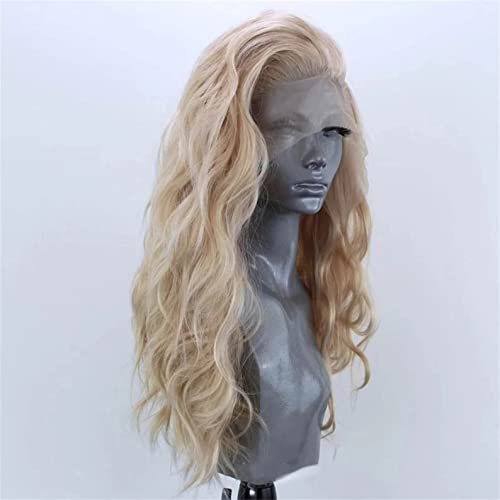 ELESTY Long Natural Curly Glueless Lace Front Wig Gloden Blonde Synthetic Lace Front Wigs for Women Left Part Glueless Heat Resistant Fiber Hair Daily Party Wig …