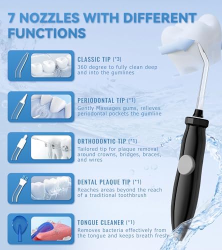 Water Dental Flosser for Teeth Cleaning with 1000ML Large Capacity and UV Storage, 10 Adjustable Pressure Electric Oral Irrigator with 7 Jet Tips, Gifts for Dental Health Seekers (Black)