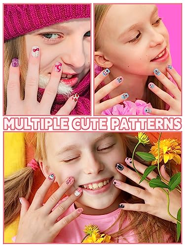 Kalolary 144 PCS Kids False Nail for Girls Gift, Press on Nail Color Short Fake Nails Artificial Nail Full Tips, Lovely Valentine's Day Gift for Little Girls Nail Art Decoration (6 Pack)