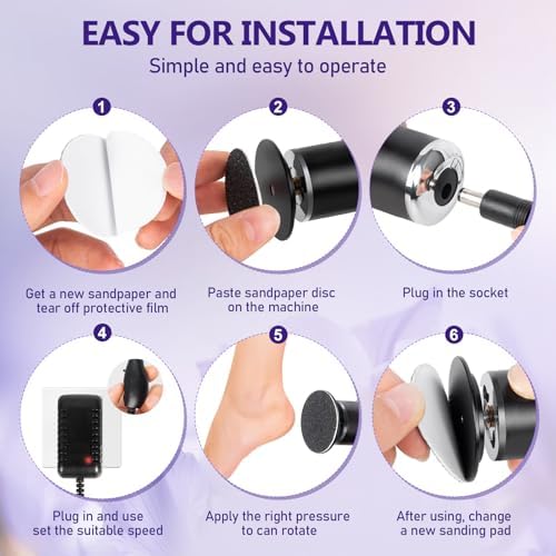 krofaue Upgrade 1000RPM Electric Foot File - Adjustable Speed Foot Sander with 60pcs Replacement Sandpaper Disk, Electric Callus Remover Professional Pedicure Tool for Women Dead Cracked Hard Skin