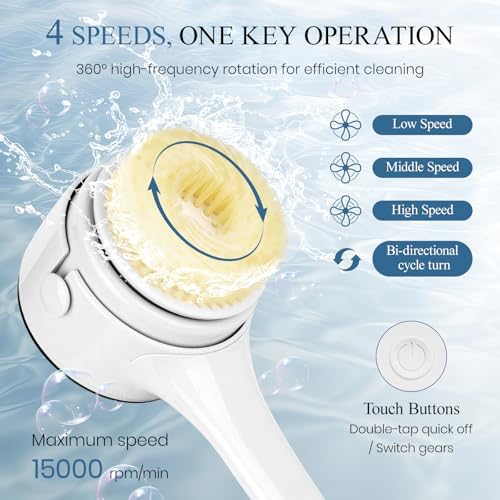 Electric Body Brush Back Scrubber for Shower, Rechargeable Auto Spinning Bath Brush & 4 Speeds, Waterproof Long Handle Body Scrubber with 5 Heads for Deep Cleansing, Exfoliating, Massaging - White