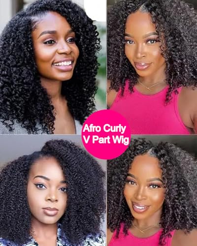 V SHOW Curly V Part Wig Human Hair Upgrade U Part Wig Human Hair Wigs for Women Glueless V Shape Wig Afro Curly Wigs No Leave Out 180% Density Natural Color 18Inch
