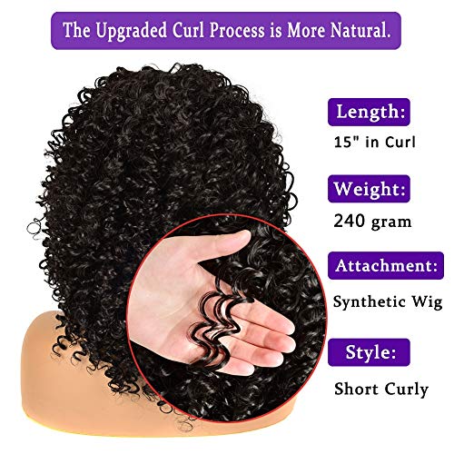 YEAME Curly Wigs for Black Women - Afro Curly Wig with Bangs, Natural Black, Heat Resistant, 15" Full Wig, 150% Density, Glueless, 1 Count