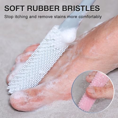 Toe Gap Cleaning Brush, 2025 New Silicone Long Handle Silicone Toe Gap Brush, 15.7" Foot Brushes for Shower, Foot Wash with Soft Exfoliating Brushes (Pink+Grey)