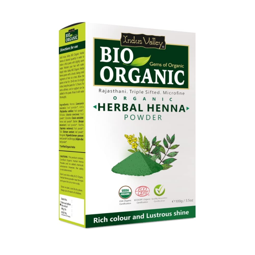 INDUS VALLEY Bio Organic Herbal Henna Powder (100g), Herbal Henna Hair Colour, 100% Natural Hair Dye Chemical-Free, Nourishing, Conditions & Strengthens Hair, Adds Shine