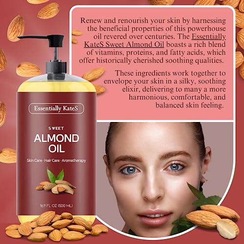 Sweet Almond Oil 33.8 Fl Oz - Pack of 2 x 16.9 Fl Oz - 100% Pure and Natural - Conditioning, Moisturizing & Nourishing - No Greasy Feel - A Natural Vit. E source
