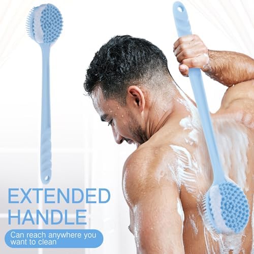 Sunnyray 2 Pack 15 Inch Soft Silicone Back Scrubber with Long Handle, Scrubber Anti Slip for Shower, Bath Body Brush, Improved Skin Health Can Produce Foam for Men and Women(Pink,Nordic Blue)