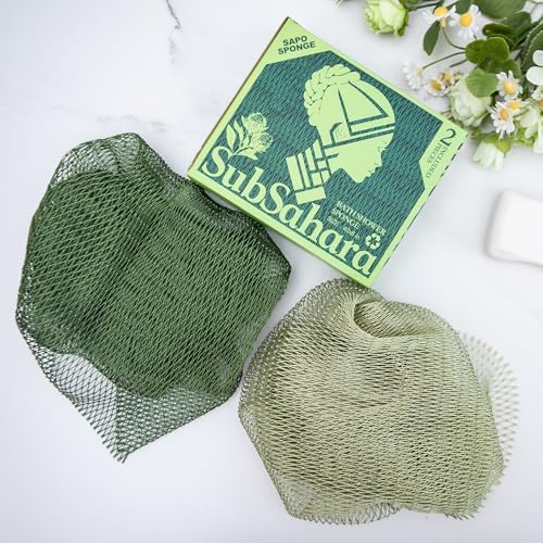 SubSahara Authentic African Net Sponge - 2 Pieces Exfoliating Scrubber for All Skin Types, Bath Sponge for Face & Body, Travel Portable, Durable, Gentle Exfoliation (Olive Green & Light Green)