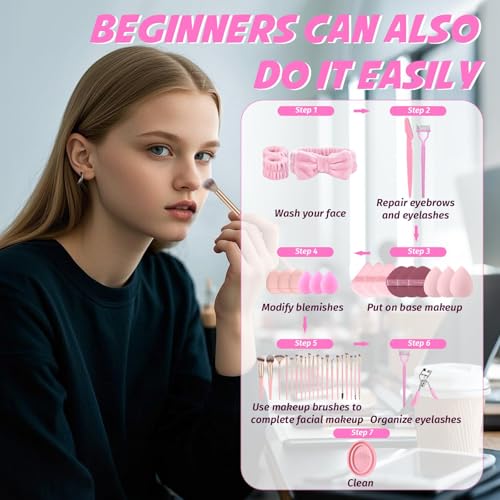 Makeup Brush Set, 48Pcs Makeup Brushes Set Professional Kit for Beginner, Premium Synthetic Foundation Concealers Powder Eye Shadows Blush Make up Brushes with Makeup Sponge, Pink