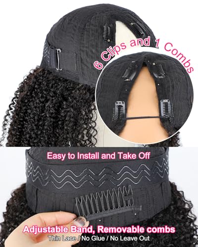 V SHOW Curly V Part Wig Human Hair Upgrade U Part Wig Human Hair Wigs for Women Glueless V Shape Wig Afro Curly Wigs No Leave Out 180% Density Natural Color 18Inch