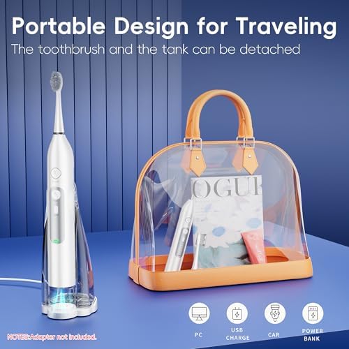 Electric Toothbrush with Water Flosser Combo, 3 Sonic Cleaning Modes, 5 Flossing Speeds, 4 Brush Heads, Portable Flossing Toothbrush for Adults Teeth Cleaning for Plaque Removal
