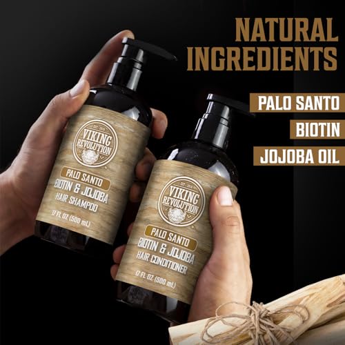 Viking Revolution Palo Santo Mens Shampoo and Conditioner Set with Biotin and Jojoba Oil - Natural Hair Shampoo and Hair Conditioner for Men with Vitamin B5 - Shampoo and Conditioner Set Men (17Oz)
