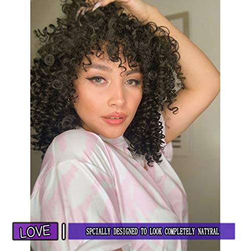 YEAME Curly Wigs for Black Women - Afro Curly Wig with Bangs, Natural Black, Heat Resistant, 15" Full Wig, 150% Density, Glueless, 1 Count
