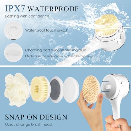 Electric Body Brush Back Scrubber for Shower, Rechargeable Auto Spinning Bath Brush & 4 Speeds, Waterproof Long Handle Body Scrubber with 5 Heads for Deep Cleansing, Exfoliating, Massaging - White