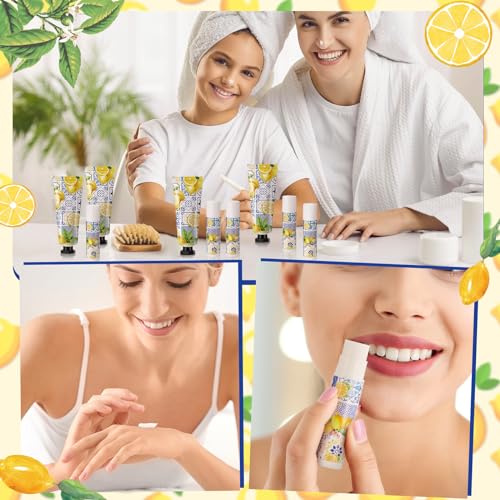 24 Sets Hand Cream and Lip Balm Gift Bridal Baby Shower Party Supply Travel Size Hand Lotion and Lip Balm Bulk with Organza Bag and Tag Wedding Bridal Baby Shower Party (Lemon)