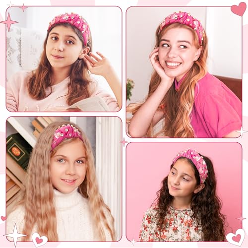 PANTIDE Western Jeweled Knotted Headband - Cowgirl Boots Hat Rhinestone Crystal Embellished Headband Wide Top Knot Fashion Hairband Hair Accessories Birthday Gift for Cowboy Women Girls (Hot Pink)