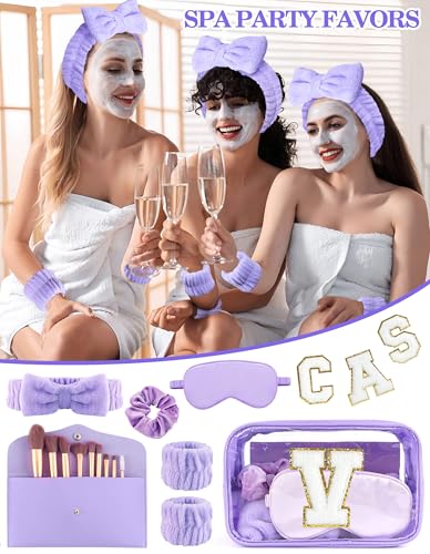 Gift Sets for Women, Initial Makeup Bag with Makeup Brush Set Bachelorette Party Favors, Purple Spa Kit with Skincare Headbands Wrist Bands Sleepover Party Supplies Gifts for Teen Girls Bridesmaid V