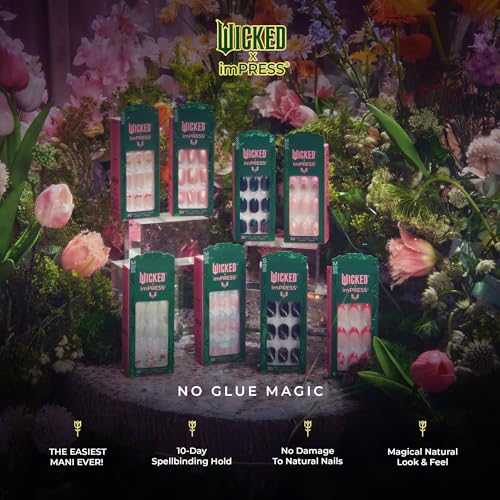 WICKED X imPRESS Press On Nails, New Improved Adhesive, Up To 10 Day Hold, ‘Glinda-fied’, Pink, Short Squoval, Includes 30 Fake Nails, 1 Prep Pad, 1 Manicure Stick, 1 Mini File
