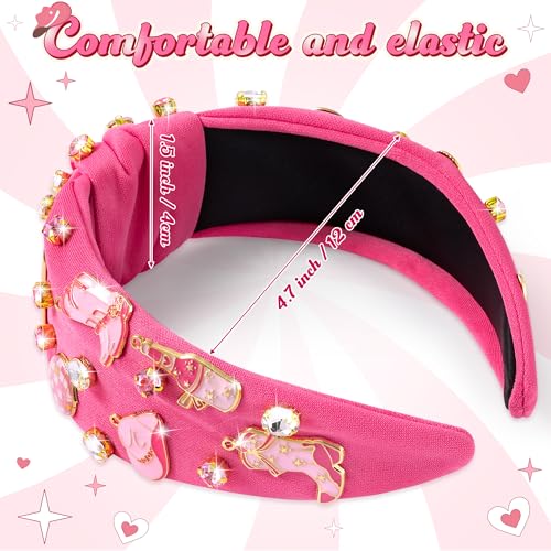PANTIDE Western Jeweled Knotted Headband - Cowgirl Boots Hat Rhinestone Crystal Embellished Headband Wide Top Knot Fashion Hairband Hair Accessories Birthday Gift for Cowboy Women Girls (Hot Pink)