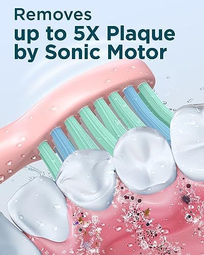 Rtauys M5 Sonic Electric Toothbrush for Adults and Kids - Rechargeable Electric Toothbrush Kids Ages 12+ and Adults with 8 Brush Heads & Travel Case, 120 Days Battery Life - Pink