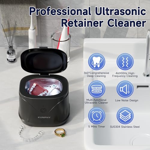Ultrasonic Retainer Cleaner, KUNPHY 46KHz Professional Ultrasonic Cleaner 7.5Oz, Retainer Cleaner Machine for Dentures, Braces, Aligner, Dental Appliances (Black)