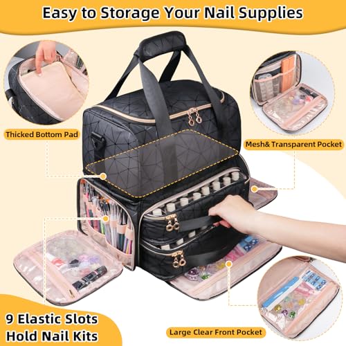 Rolling Nail Polish Organizer Bag Holds 80 Bottles (15ml/0.5fl.Oz)& Nail Lamp, PU Leather Nail Supplies Organizer Case with Detachable Trolley, Extra Large Nail Kit Storage with Wheels (Black)