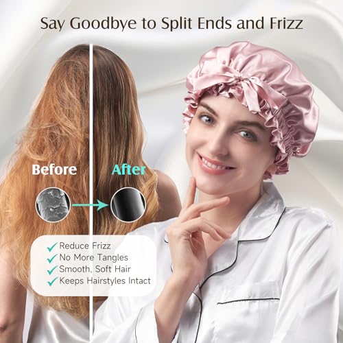 YFONG Double Layered 100% Mulberry Silk Bonnet for Sleeping Women, Large 22MM Luxury Silk Sleep Cap with Elastic Band & Tie, Natural Night Hair Wrap for Hair Care Short Long Curly Hair, Pink