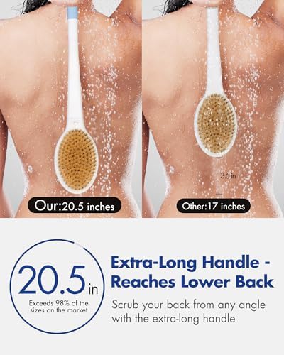 Back Scrubber Body Shower Brush: 20.5‘’ Extra Long Anti Slip Handle Bath Brush with Stiff and Soft Bristles - Showering Exfoliator Wet or Dry Brushing for Women, Men, Elderly (Blue)
