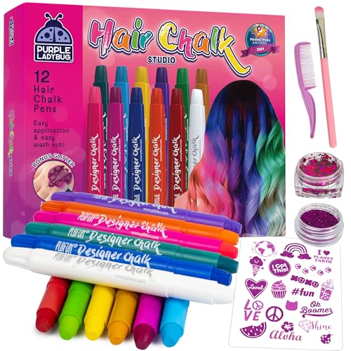 PURPLE LADYBUG 12 Colors Hair Chalk for Girls Washable Hair Dye - Birthday Gifts for Girls Ages 8-12, Temporary Hair Color for Kids, Tweens & Teens for Summer, Party - Craft for Girls 6 7 8 9 10 11 12