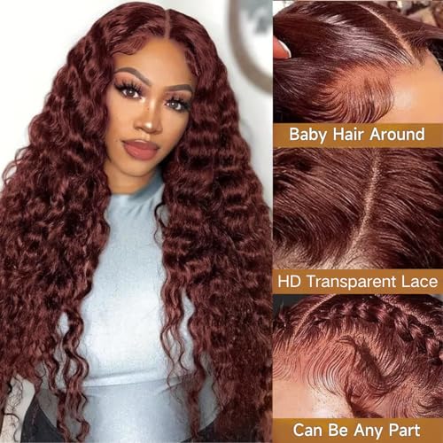 Reddish Brown Lace Front Wigs Human Hair 30 Inch Reddish Brown Curly Lace Front Wig 180 Density 33# Deep Wave 13x6 HD Lace Frontal Wigs Human Hair Pre Plucked for Women Auburn Colored Human Hair wig