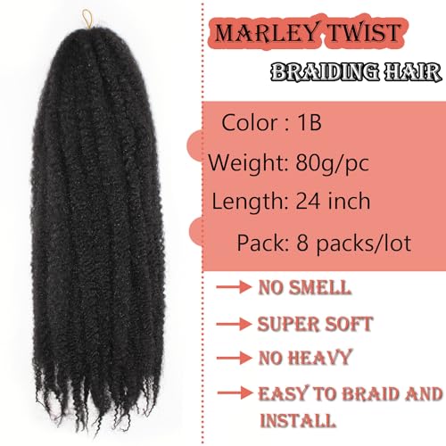 Marley Twist Braiding Hair 24 Inch Marley Twist Hair Long Cuban Twist Hair 8 Packs Afro Kinky Curly Twist Crochet Hair Synthetic Marley Hair Extensions (24 Inch 8packs, 1B)