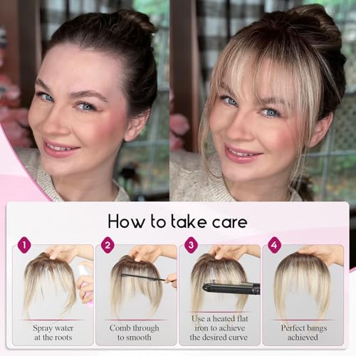 EMMOR Clip in Bangs, 100% Human Hair Bangs with 3 Non-slip Clips, 360°Cover Top HairPieces with 5 inch Wispy Fringes for enhancing Women's Facial Features(Ombre Ash Blonde)