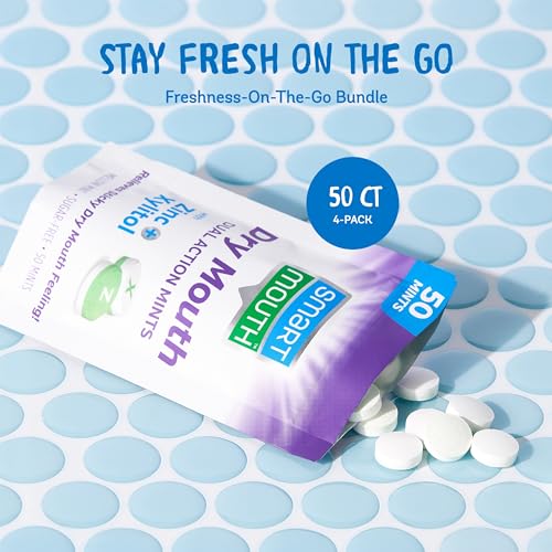 SmartMouth Dry Mouth Dual-Action Mints - Sugar-Free - 50 Count, 4 Pack, Mellow Mint