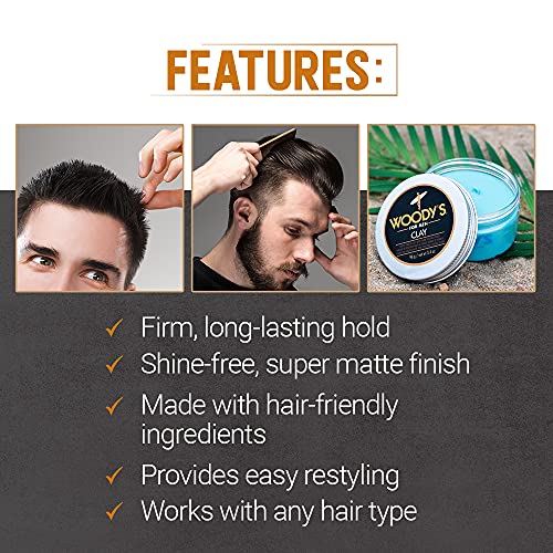 Woody's Hair Clay for Men – Matte Finish, Styling Pomade for Men Stronghold, Firm and Flexible Control, 3.4 oz. 2-Pack