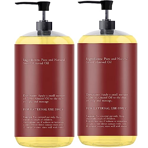 Sweet Almond Oil 33.8 Fl Oz - Pack of 2 x 16.9 Fl Oz - 100% Pure and Natural - Conditioning, Moisturizing & Nourishing - No Greasy Feel - A Natural Vit. E source