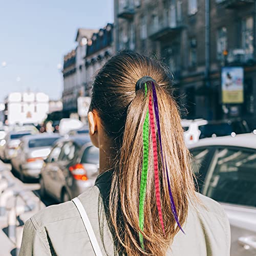Xinnun 52 Pcs Colored Hair Feathers Extension Kit for Women 13 Colors Long Straight Synthetic Hair Feather 200 Silicone Lined Micro Ring Crochet Hook and Lengthen Remover Plier for Cosplay Party