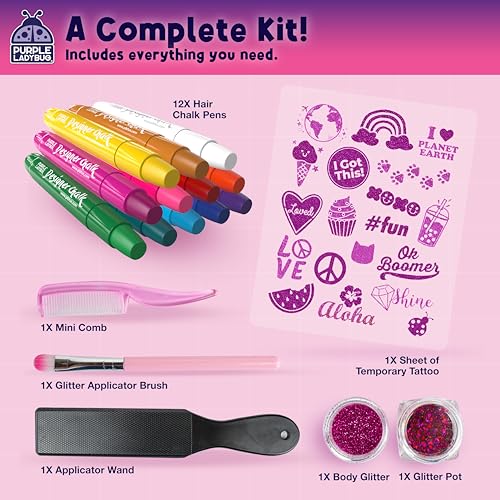 PURPLE LADYBUG 12 Colors Hair Chalk for Girls Washable Hair Dye - Birthday Gifts for Girls Ages 8-12, Temporary Hair Color for Kids, Tweens & Teens for Summer, Party - Craft for Girls 6 7 8 9 10 11 12