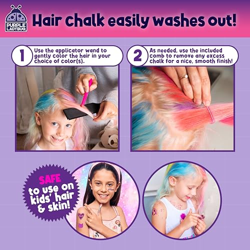PURPLE LADYBUG 12 Colors Hair Chalk for Girls Washable Hair Dye - Birthday Gifts for Girls Ages 8-12, Temporary Hair Color for Kids, Tweens & Teens for Summer, Party - Craft for Girls 6 7 8 9 10 11 12
