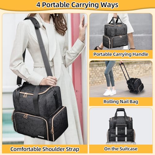 Rolling Nail Polish Organizer Bag Holds 80 Bottles (15ml/0.5fl.Oz)& Nail Lamp, PU Leather Nail Supplies Organizer Case with Detachable Trolley, Extra Large Nail Kit Storage with Wheels (Black)
