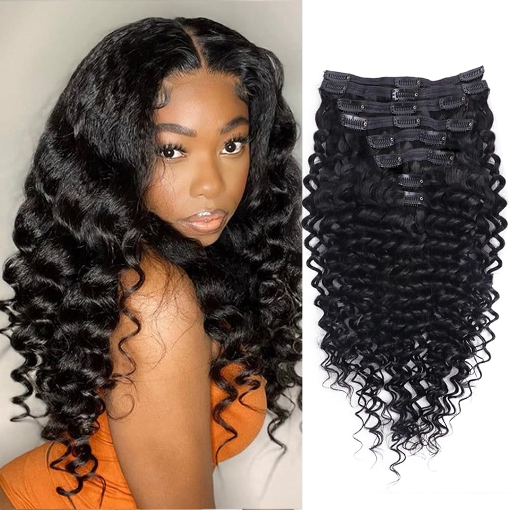 Tahikie Deep Wave Clip ins Human Hair Extensions for Women 8Pcs Deep Wave Clip in Hair Extensions Real Human Hair Thick to Ends with 18Clips Double Weft 120g (14 inch, #Natural Color)