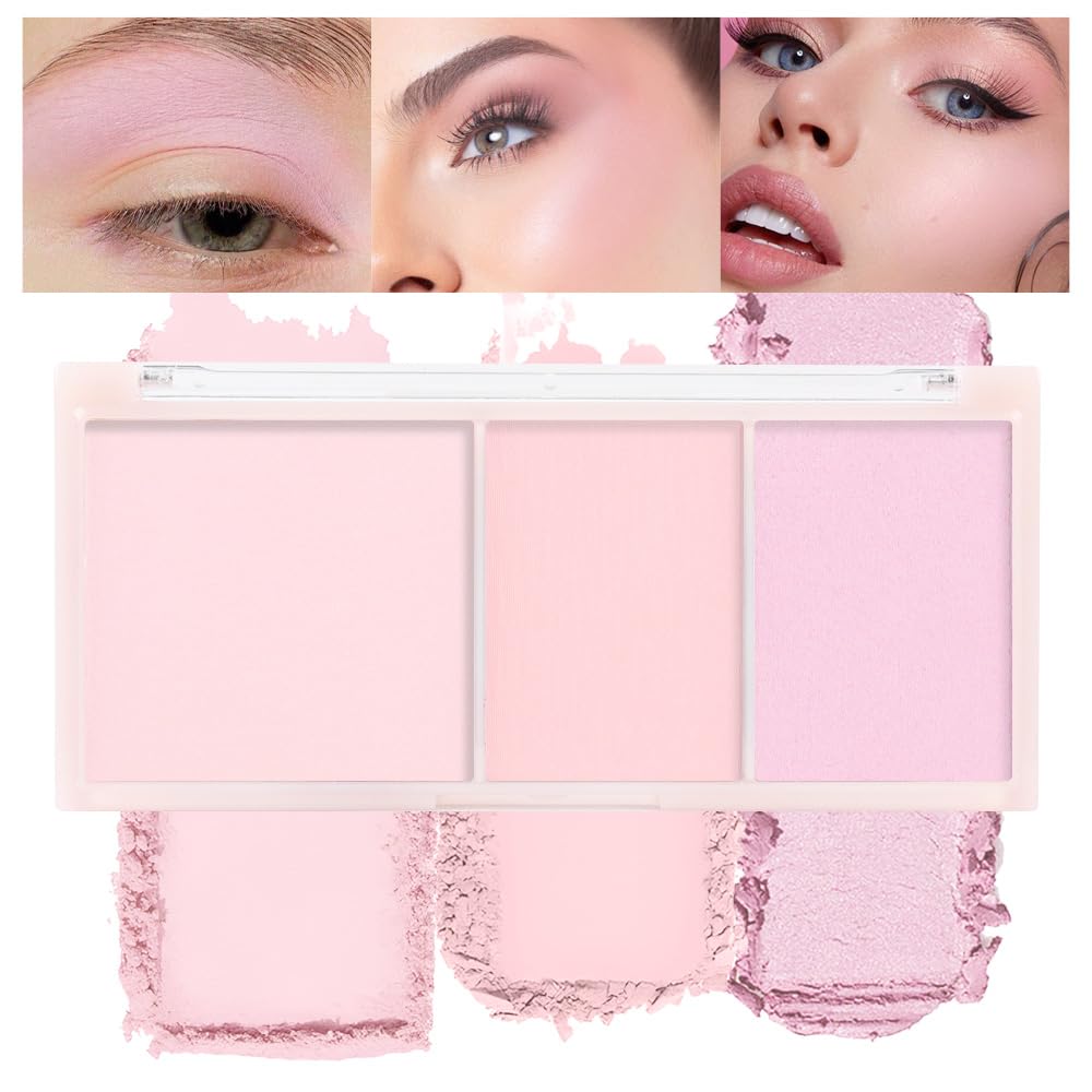 3 IN 1 Brown Nude Face Highlight Bronzer Powder Palette for Face Cheeks Contour Brightening, Buildable Matte Coverage Natural Makeup,Ultra Sculpt Nose Shadow Eyeshadow Primer-Pink