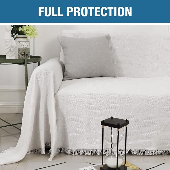 H.VERSAILTEX Cotton Sofa Covers Couch Cover Sofa Slipcover for Most Shape Sofas, Feature Thick Woven Jacquard Seamless with Tassels, Multi-Use Decorative for Couch (XX-Large: 91" x 134", White)