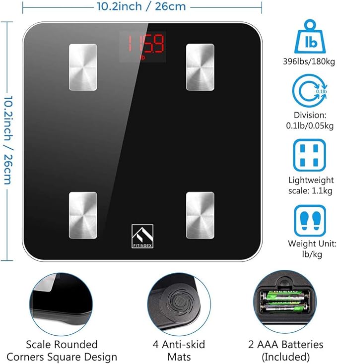FITINDEX Scale with BMI, Body Fat, Muscle Mass, Smart Scale for Body Weight, Bluetooth, Digital, Sync with App, User Health Equipment, FSA HSA Eligible