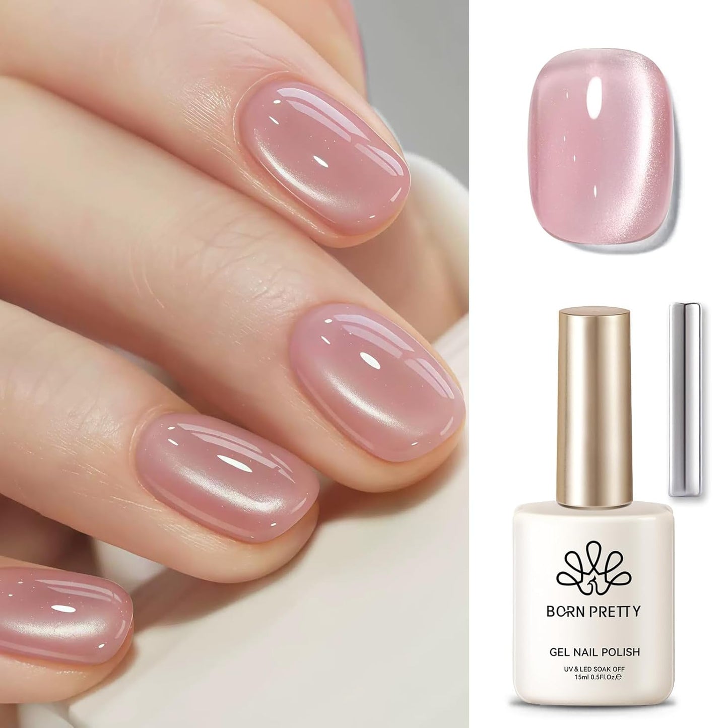 Born Pretty Cat Magnetic Eye Gel Nail Polish,Nude Moonlight Cat Magnetic Gel Nail Polish Soft Lace Magnetic Nail Polish for Nail Art Manicure Salon DIY at Home 15ML