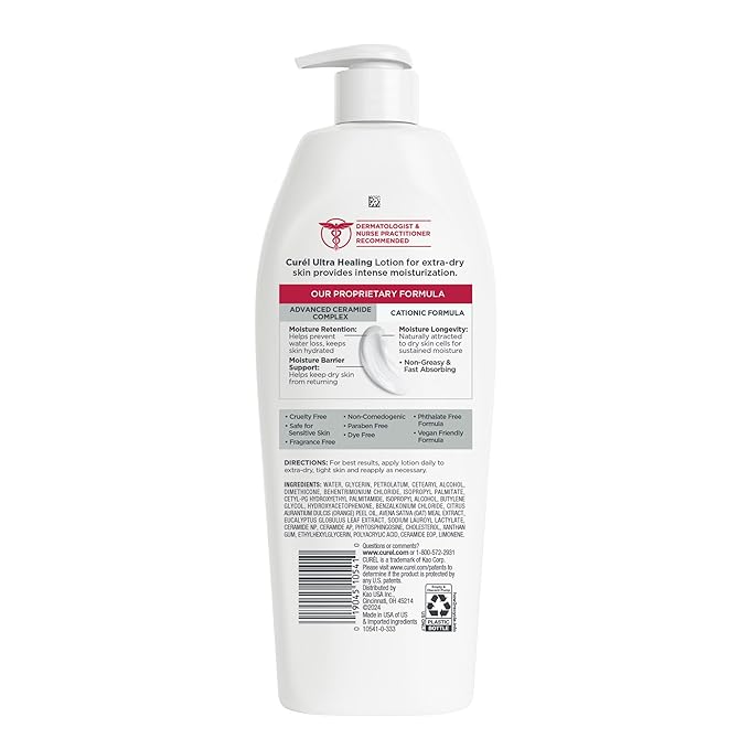 Curel Ultra Healing Intensive Fragrance-Free Lotion For Extra-Dry Skin, Dermatologist Recommended, Ideal for Sensitive Skin, Cruelty Free, Paraben Free, 13 Oz, Pack of 3