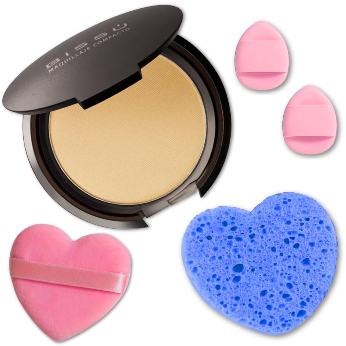 Beetbul Makeup & Exfoliation Kit - Bissú Compact Powder + 1 Medium Velvet Puff + 2 Finger Puffs + 1 Facial Exfoliating Sponge (07 Caramel, One Size)
